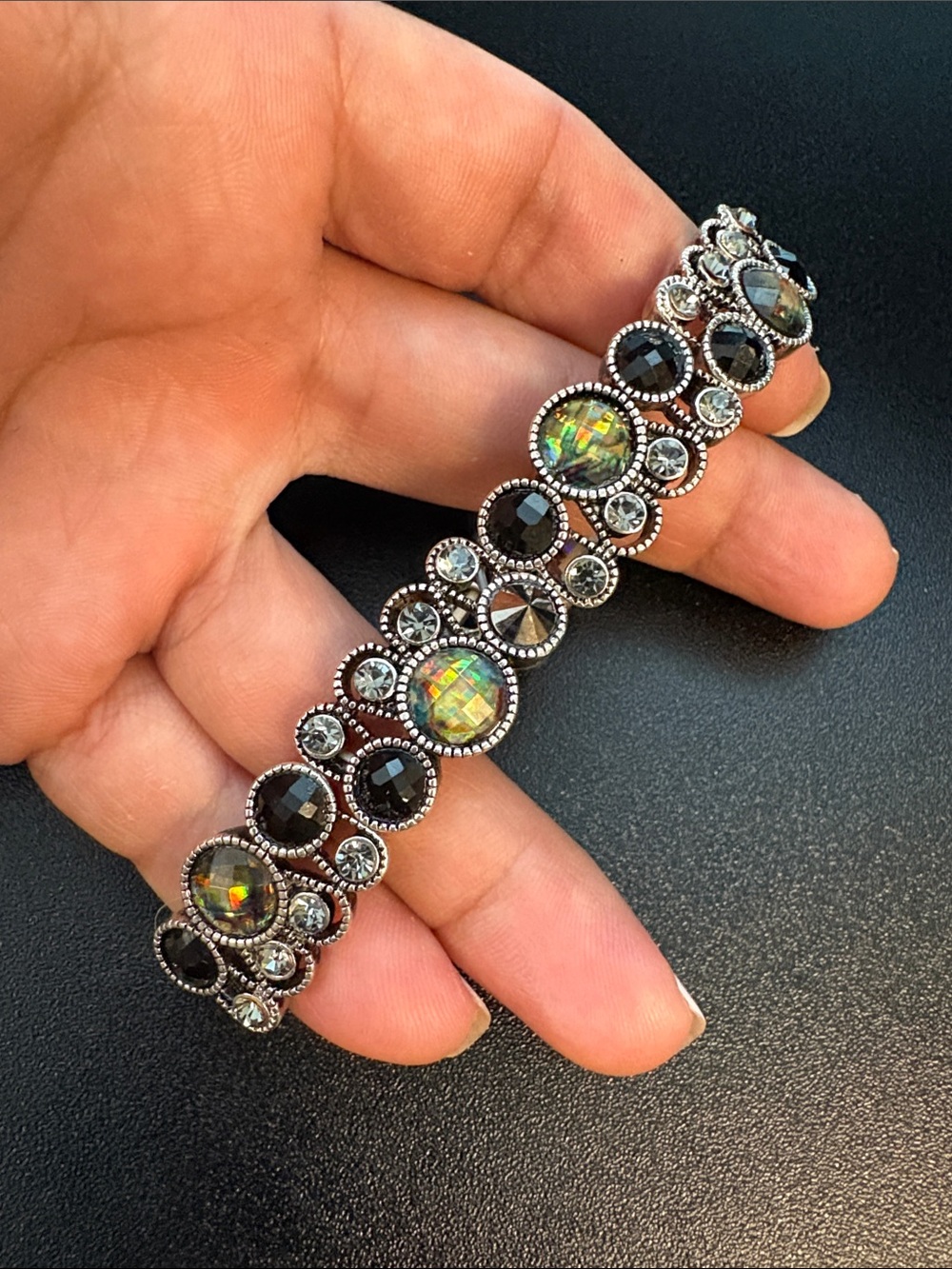 Gorgeous Iridescent Black Crystal Statement Stretch Bracelet